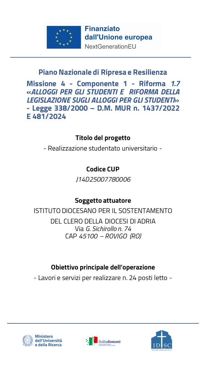 Targa PNRR: progetto studentato universitario finanziato dall'Unione europea NextGenerationEU, CUP J14D25007780006